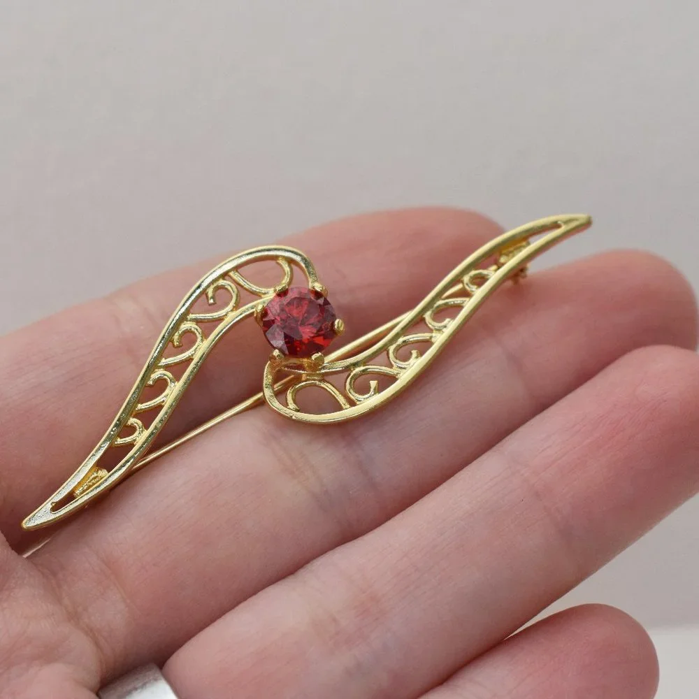Red crystal brooch gold tone, small fancy rhinestone brooch
